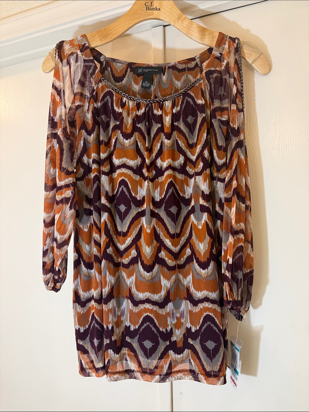 INC International Concepts Geometric Peasant Blouse in Rust, Plum & White